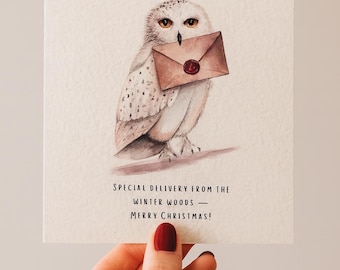 Snowy Owl Christmas Card | Watercolor Winter Woods Greeting | Personalised (6x6 Inch)