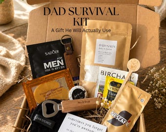 Dad Survival Kit – Relaxation Hamper with Bath Salts, Skincare, Coffee, Tea, Keyring