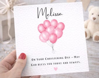 Personalised Christening Card for Girl – Pink Balloon Baptism, Luxury Hammered Card
