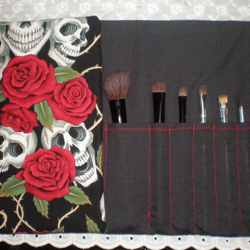 Skulls and Roses Makeup Brush Roll Up Makeup Brush Holder Etsy