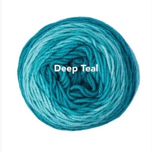 May include: A ball of Deep Teal yarn, a blend of teal and turquoise shades. The yarn is tightly wound, showing the texture of the fibers. The text "Deep Teal" is displayed in white, centered on the yarn.