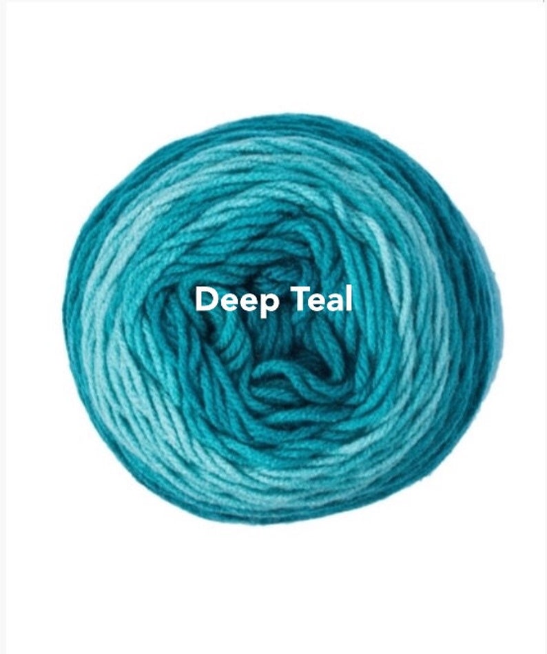 May include: A ball of Deep Teal yarn, a blend of teal and turquoise shades. The yarn is tightly wound, showing the texture of the fibers. The text "Deep Teal" is displayed in white, centered on the yarn.