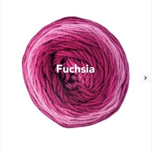 May include: A ball of fuchsia-colored yarn, with shades of pink and magenta. The yarn is tightly wound, and the word "Fuchsia" is printed in white across the center. Ideal for knitting and crochet projects.