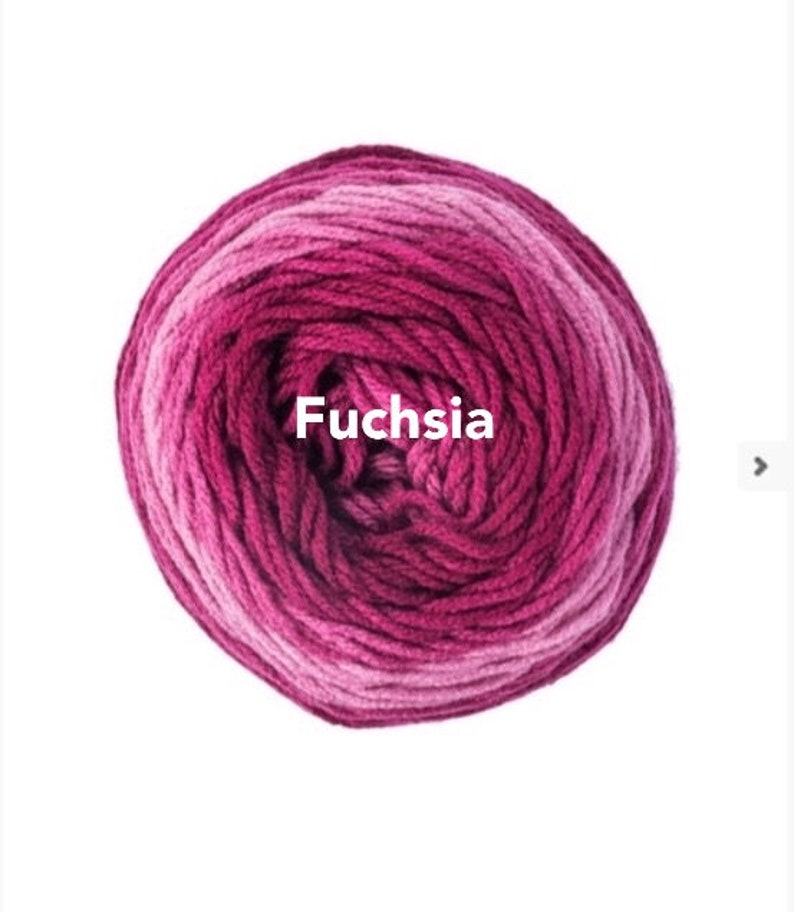 May include: A ball of fuchsia-colored yarn, with shades of pink and magenta. The yarn is tightly wound, and the word "Fuchsia" is printed in white across the center. Ideal for knitting and crochet projects.