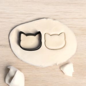 May include: Two black metal cookie cutters shaped like cat faces, one on top of a piece of white dough and the other on top of a piece of white dough that has been cut out.