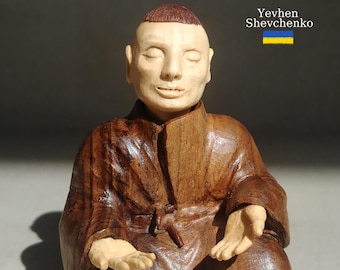 Hand Carved Walnut Monk Sculpture: Meditation Decor, Buddhist Gift