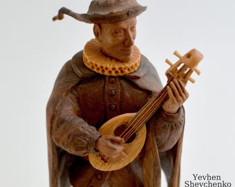 Handmade Walnut Musician Figurine: Medieval Magdolin Player