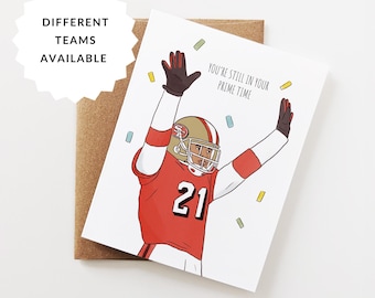 Birthday card, Funny football pun,  you're still in your prime time, sports greeting card for boyfriend, husband, him, brother