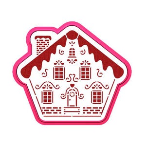 Könnte beinhalten: Ein Lebkuchenhaus-Design mit rotem Dach und Akzenten, vor weißem Hintergrund. Das Haus verfügt über Fenster, einen Schornstein und dekorative Details, alles innerhalb einer rosa Umrandung. Ideal für Weihnachts-Bastelarbeiten.