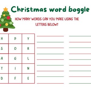 Könnte beinhalten: Ein Weihnachts-Wortspiel mit einer Illustration eines grünen Weihnachtsbaums. Das Spielbrett hat 25 Felder mit Buchstaben in jedem Feld. Die Buchstaben sind H, P, Y, S, O, R, A, G, L, T, I, N, D, F und E. Die Spielanweisungen sind "Christmas word boggle" und "Wie viele Wörter kannst du mit den Buchstaben unten bilden?"