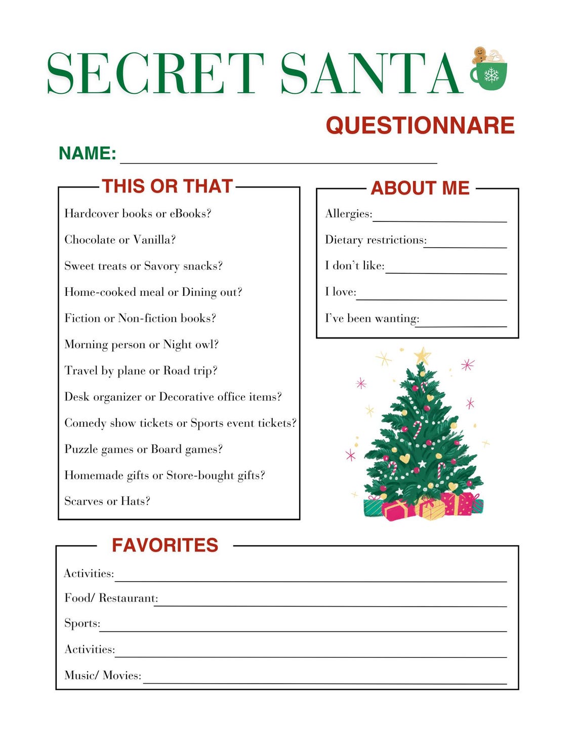 Secret Santa Questionnaire Etsy