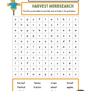 Könnte beinhalten: Ein ausdruckbares Arbeitsblatt mit einem Wortsuchrätsel mit Ernte-Begriffen wie "Ernte", "Blätter", "Feldfrüchte", "Brot", "Festival", "Traktor", "Weizen", "Äpfel", "Feld", "Mais", "Obst" und "Vogelscheuche". Das Rätsel ist vor dem Hintergrund einer Cartoon-Vogelscheuche und eines grünen Traktors.