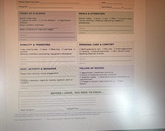 Caregiver Handoff Sheet | Caregiver Shift Report | Home Care Communication Form | Family Caregiver Printable PDF