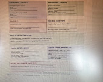 Emergency Information Sheet | Caregiver Emergency Binder | Medical Information Printable | Senior Care PDF