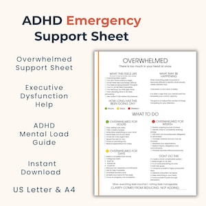 Foglio di supporto per situazioni di sovraccarico, aiuto per disfunzioni esecutive, ADHD, guida al carico mentale, download immediato