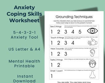 Grounding Techniques Printable: Anxiety Coping Skills Worksheet 5-4-3-2-1 Anxiety Tool
