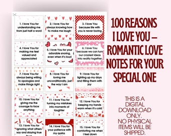 May include: A digital sheet of 15 rectangular cards featuring red and pink heart patterns and text reading 100 REASONS I LOVE YOU - ROMANTIC LOVE NOTES FOR YOUR SPECIAL ONE. Each card contains a numbered reason starting with I love You.