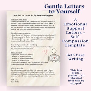 Cartas tiernas para ti mismo, bienestar emocional, autocuidado, escritura, 3 cartas de apoyo emocional + plantilla de autocompasión, salud mental (PDF)