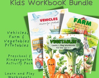 Kids Workbook Bundle: Vehicles, Farm, Vegetables (PDF)