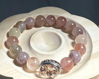 Pulsera de cuarzo rutilado morado rojizo: Acento de cuarzo de jardín (cuentas de 11 mm)