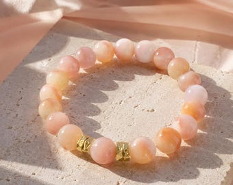 Natural Peach Agate Bracelet - Warm Pink Stone with Gold Beads