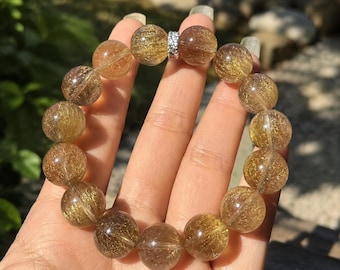 Golden Rutilated Quartz Bracelet, Aligned and Curled Rutile Threads