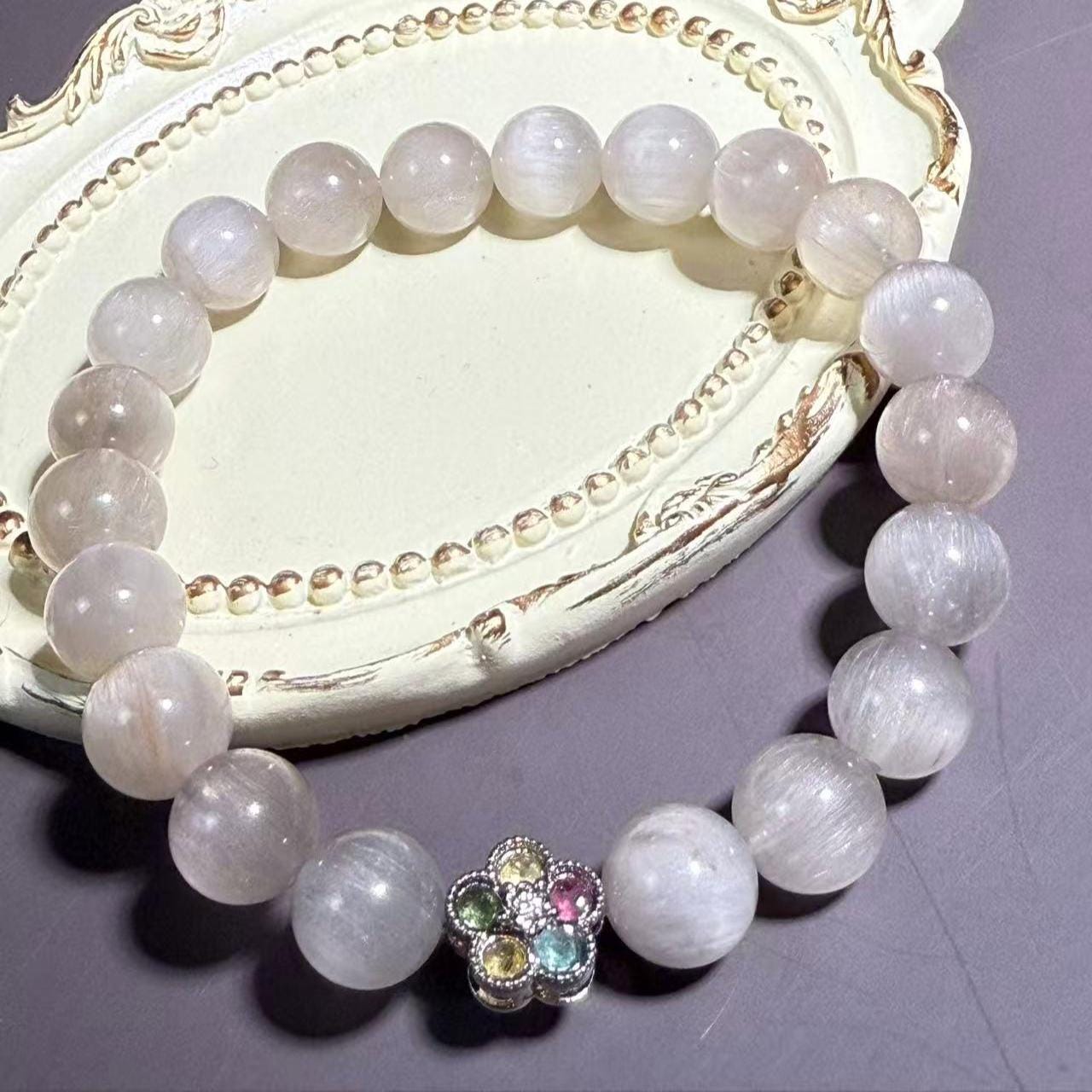 Champagne Cat's Eye Rabbit Hair Quartz Bracelet: Floral Charm, Custom Fit,9mm,16cm
