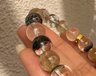 ピンク・ルチル入りガーデンクォーツブレスレット、グリーンファントム