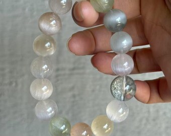 Mint Green Rabbit Hair Quartz Bracelet: Blue Phantom, Cat&#39;s Eye, Artisan Jewelry, 6&quot; Wrist|11mm+13mm