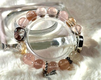 Pink Quartz Charm Bracelet: Silver Feather, Elephant, Floral Charms (12mm Beads)