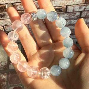Pink Snow Phantom & Blue Rabbit Hair Quartz Bracelet | 11mm Beads | 16cm (6.25”) Wrist – Custom Fit Available