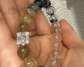 Pulsera de cuarzo rutilado dorado de jardín: piedra preciosa natural (cuentas de 9 mm, muñeca de 15,8 cm)