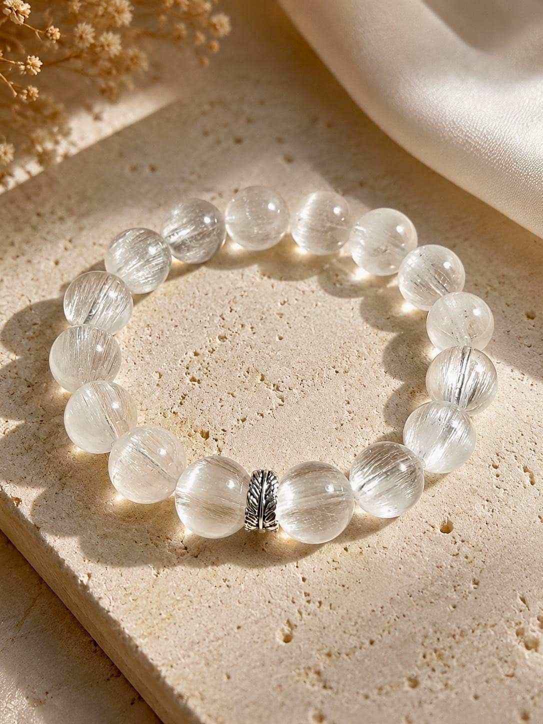 White Rabbit Hair Quartz Bracelet, Fine Silky Threads With Silver