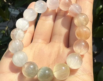 Cat&#39;s Eye Rabbit Hair Quartz Bracelet: Luminous Pastel Crystal, Serenity (5.75&quot; Wrist, 11mm Beads)