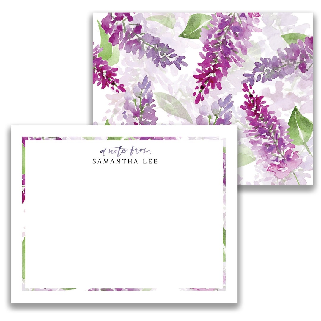 Personalized Stationery Set: Watercolor Floral Purple Lilacs, Notecards ...