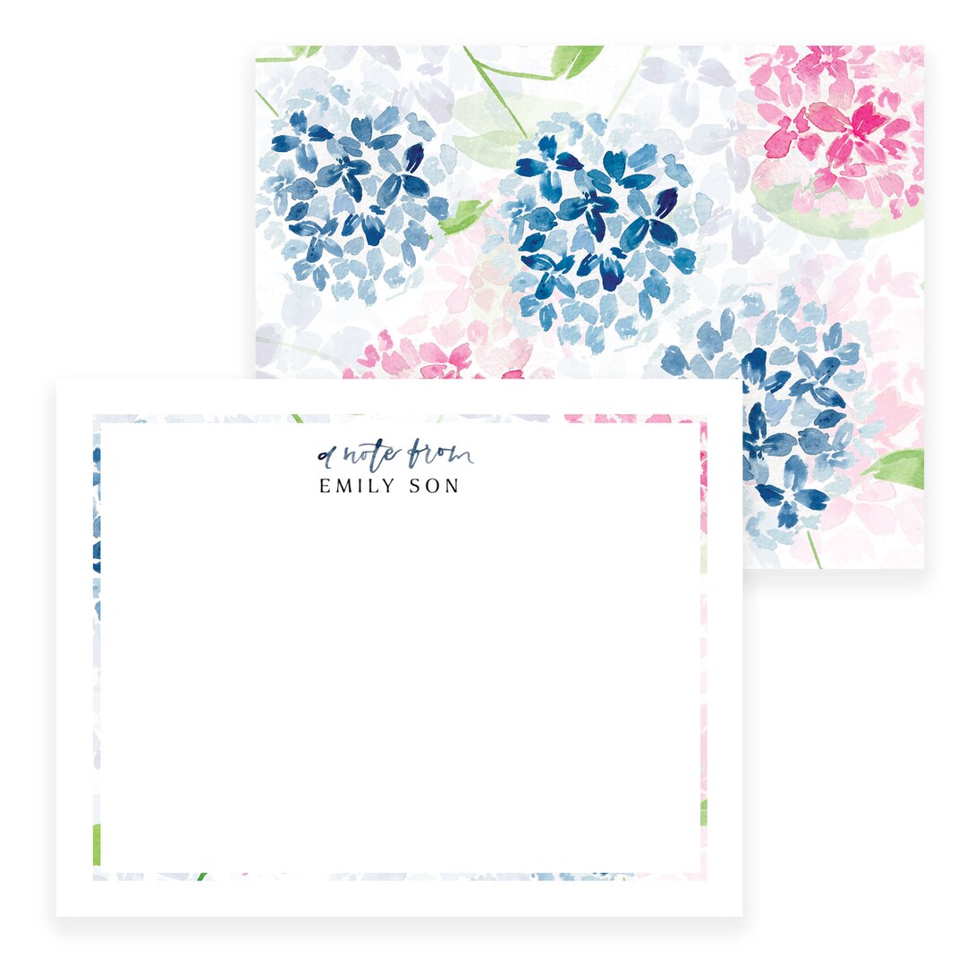 Personalized Stationery Set: Watercolor Floral Hydrangea Pink and Blue ...