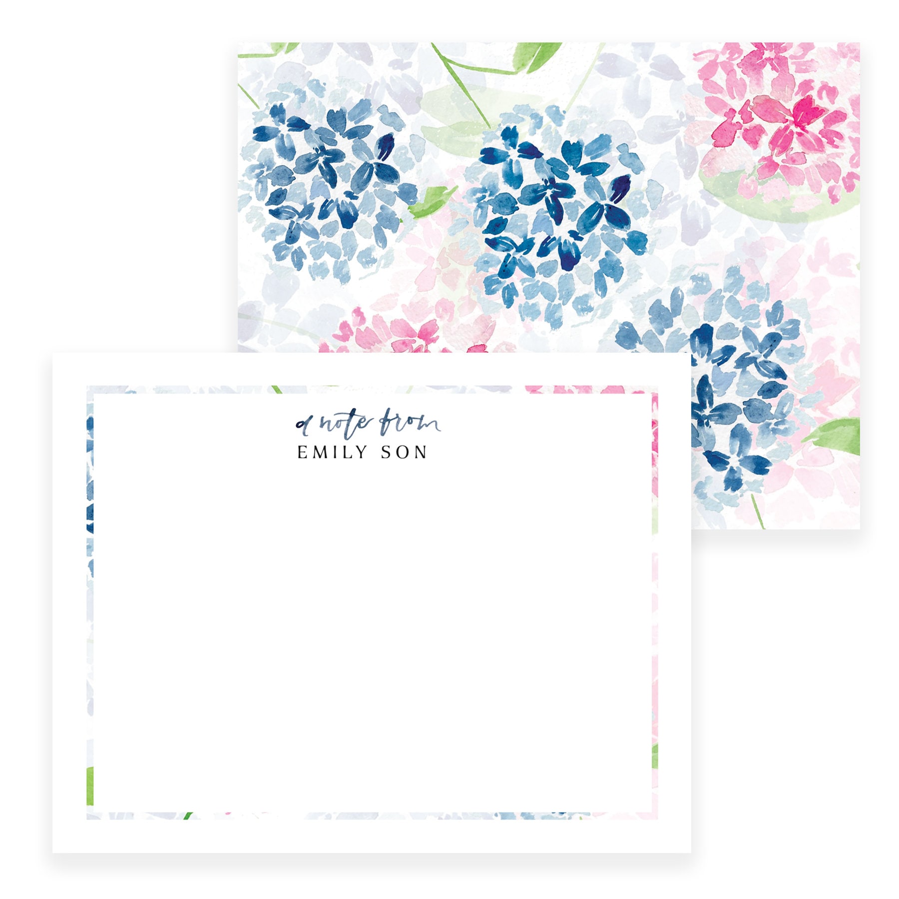 Personalized Stationery Set: Watercolor Floral Hydrangea Pink and Blue ...