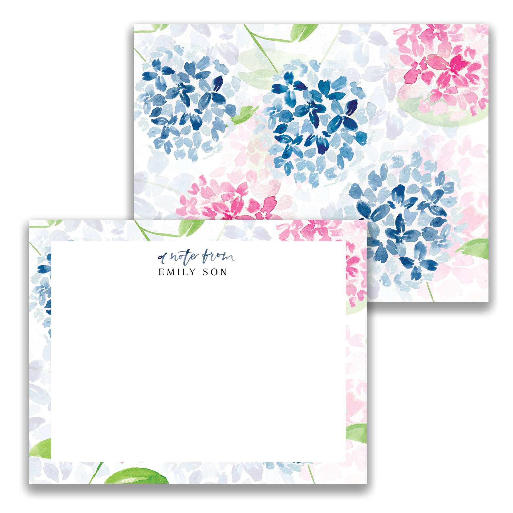 Personalized Stationery Set: Watercolor Floral Hydrangea Pink and Blue ...