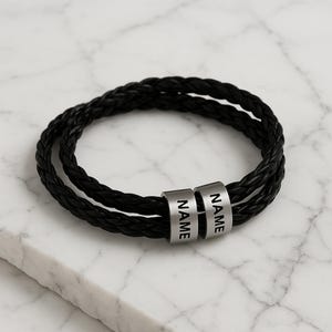Pulsera de cuero grabada personalizada • Pulsera de cuentas personalizada • Pulsera con nombre para papá • Pulsera para hombre y familia • Joyas para papá • Pulsera personalizada