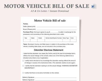 Motor Vehicle Bill of Sale, Car Sale Form | Printable Car Sale Form | Buyer Accepts Condition | Private Sale | Instant Download
