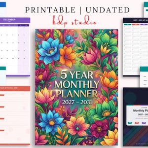 Op de afbeelding: Een kleurrijke 5-jaars maandplanner, 2027-2031, met een bloemenomslag. De planner bevat ongedateerde maandkalenders, doelstellingspagina's en een jaaroverzicht. De omslag toont levendige blauwe, oranje en roze bloemen.