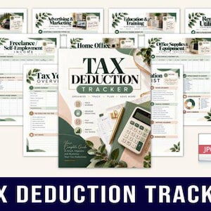 Puede incluir: Un conjunto de seguimiento de deducciones fiscales de 40 páginas que mide 8,5x11 pulgadas, con varias hojas de seguimiento de gastos e ingresos con detalles de hojas verdes. La portada muestra el texto Tax Deduction Tracker y una calculadora.