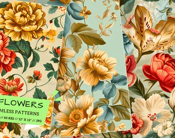 Retro Floral Seamless Patterns, Spring Digital Papers (Digital Download)