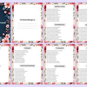 Pu&ograve; includere: Un diario di preghiera a tema floreale con il testo "500 Prayer Journal Prompts" sulla copertina. Il diario presenta uno sfondo blu scuro con fiori rosa e bianchi. Le pagine interne hanno bordi floreali e contengono suggerimenti.