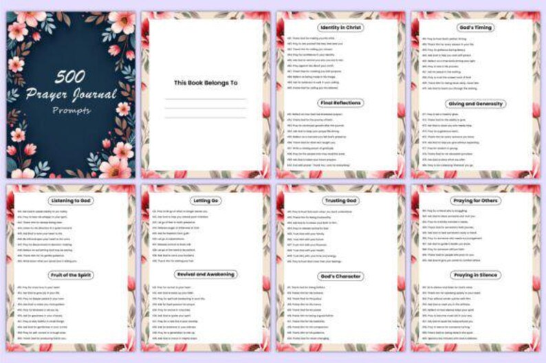 Pu&ograve; includere: Un diario di preghiera a tema floreale con il testo "500 Prayer Journal Prompts" sulla copertina. Il diario presenta uno sfondo blu scuro con fiori rosa e bianchi. Le pagine interne hanno bordi floreali e contengono suggerimenti.