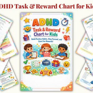 Op de afbeelding: Kleurrijke ADHD Taak- en Beloningskaart voor Kinderen, met illustraties van kinderen, sterren en een klok. De kaart bevat de tekst "Bouw positieve gewoonten op, blijf gefocust en verdien leuke beloningen!"