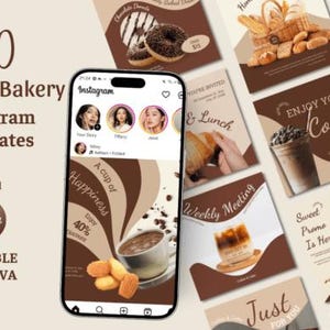 May include: A smartphone displaying an Instagram feed of 60 editable cafe and bakery templates in brown and cream tones. The screen shows coffee, donuts, and pastries with text like A Cup of Happiness and Enjoy Your Coffee.