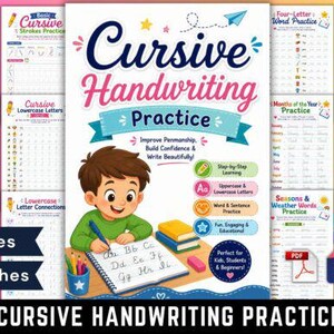 May include: A Cursive Handwriting Practice workbook featuring a cartoon child writing in a notebook. The cover displays the title, 45+ Pages, 6 x 9 Inches, and various educational practice sheets for letters, words, and months of the year.