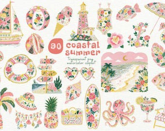Pink Coastal Summer Watercolor Clipart, Beach Vibes, Floral Illustrations (Digital Download)