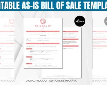 Printable Bill of Sale As-is Template | Editable Canva and Printable PDF . Vehicle Private Sale Form .Instant Download